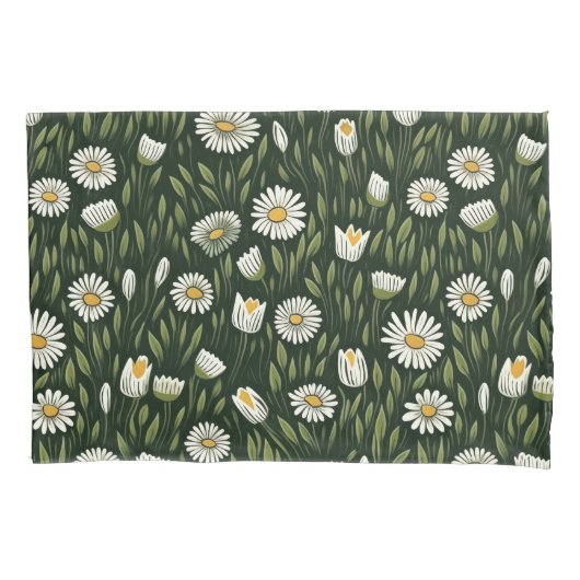 Vibrant Daisy Pattern with Lush Green Accents Kissenbezug (Vorderseite-Links)