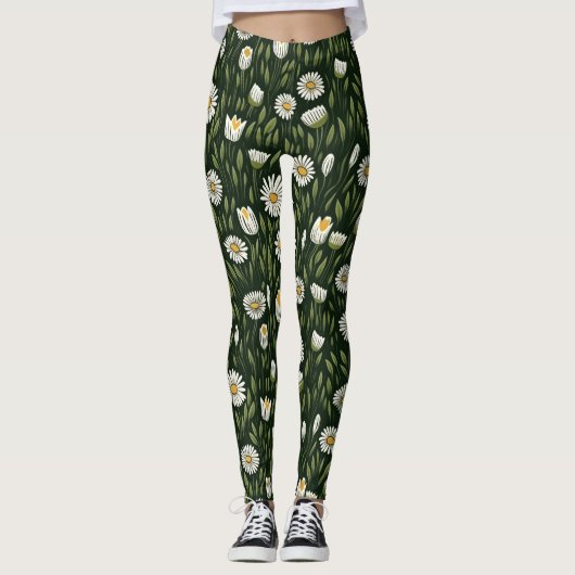 Vibrant Daisy Pattern with Lush Green Accents Leggings (Vorderseite)