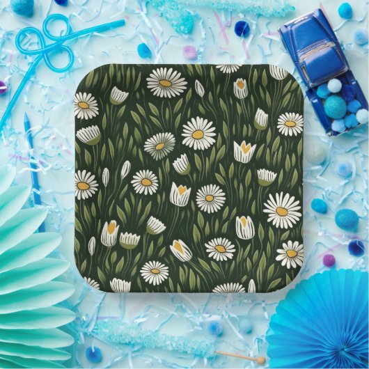 Vibrant Daisy Pattern with Lush Green Accents Pappteller (Party)