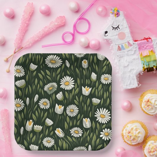 Vibrant Daisy Pattern with Lush Green Accents Pappteller (Party)