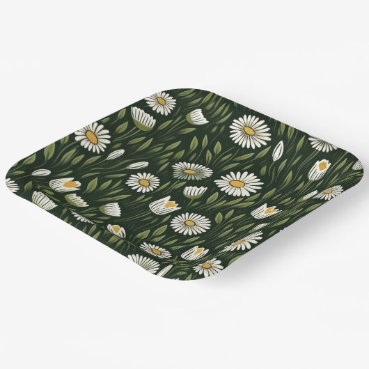 Vibrant Daisy Pattern with Lush Green Accents Pappteller (Gewinkelt)