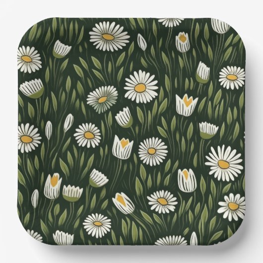 Vibrant Daisy Pattern with Lush Green Accents Pappteller (Vorderseite)