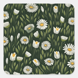 Vibrant Daisy Pattern with Lush Green Accents Quadratischer Aufkleber