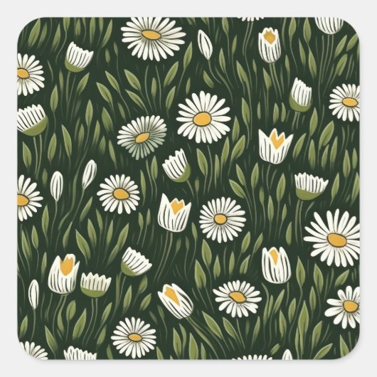 Vibrant Daisy Pattern with Lush Green Accents Quadratischer Aufkleber (Vorderseite)