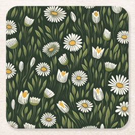 Vibrant Daisy Pattern with Lush Green Accents Rechteckiger Pappuntersetzer