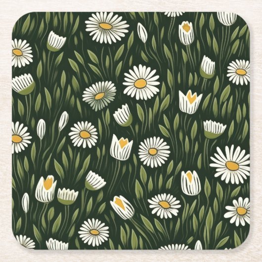 Vibrant Daisy Pattern with Lush Green Accents Rechteckiger Pappuntersetzer (Vorderseite)
