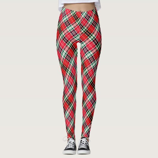 Vibrant Diagonal Christmas Plaid Red Green Leggings (Vorderseite)
