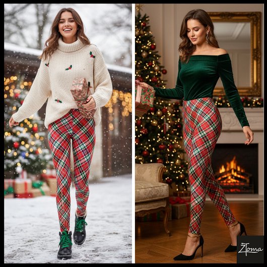 Vibrant Diagonal Christmas Plaid Red Green Leggings