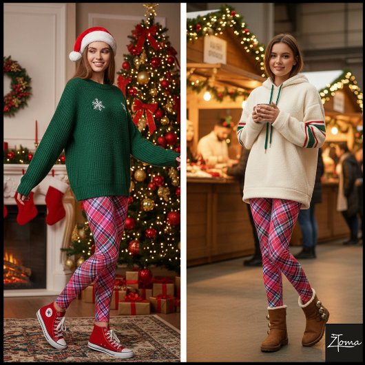 Vibrant Diagonal Pink Magenta Tartan Plaid Leggings