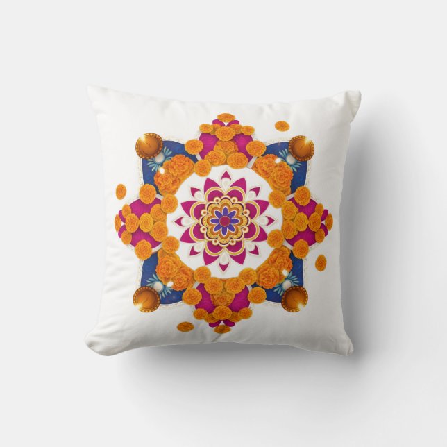 Vibrant Diwali Marigold Rangoli Pillow Cover Kissen (Vorderseite)