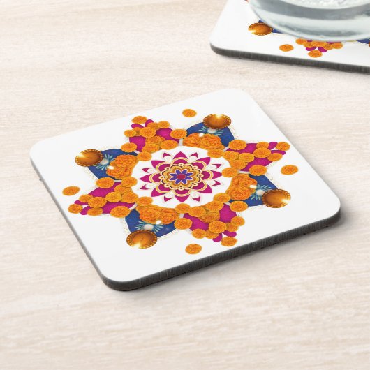 Vibrant Diwali Rangoli Hard Plastic Coaster Set Getränkeuntersetzer (Linke Seite)