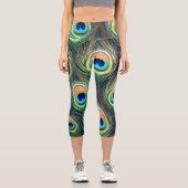 Vibrant Exotic Peacock Feather Print Capri Leggings (Vorderseite)