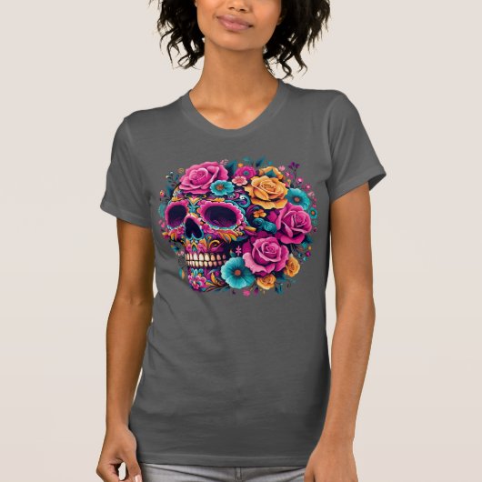 Vibrant Floral Day of the Dead Skull T-Shirt (Vorderseite)