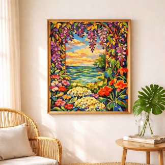 vibrant floral ocean sunset poster