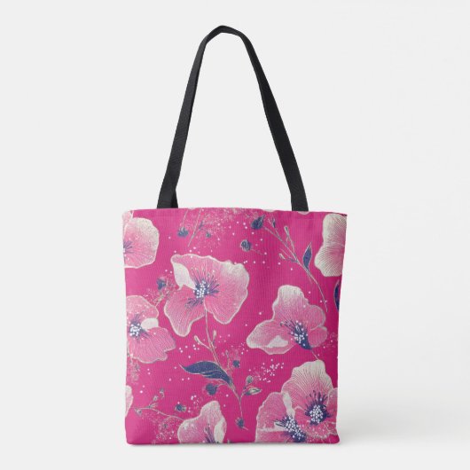 Vibrant Floral Pattern in Pink, White & Royal Blue Tasche (Rückseite)