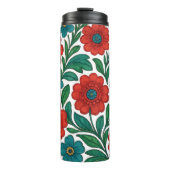 Vibrant Floral Pattern with Red and Teal Blooms Thermosbecher (Vorderseite)