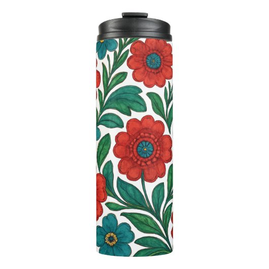 Vibrant Floral Pattern with Red and Teal Blooms Thermosbecher (Vorderseite)