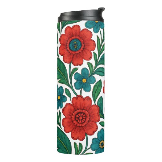 Vibrant Floral Pattern with Red and Teal Blooms Thermosbecher (Nach links gedreht)