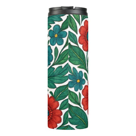 Vibrant Floral Pattern with Red and Teal Blooms Thermosbecher (Rückseite)