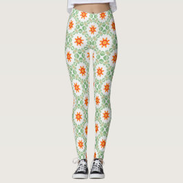 Vibrant Green & Orange Floral Leaf Pattern Legging Leggings