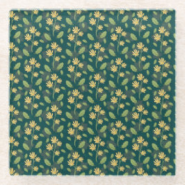 Vibrant Green Pattern with Yellow Flowers & Leaves Glasuntersetzer