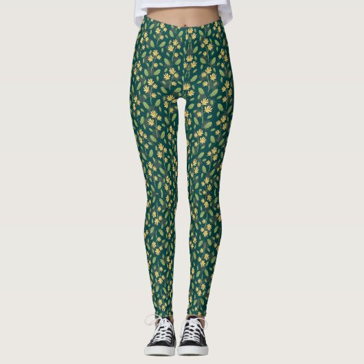 Vibrant Green Pattern with Yellow Flowers & Leaves Leggings (Vorderseite)