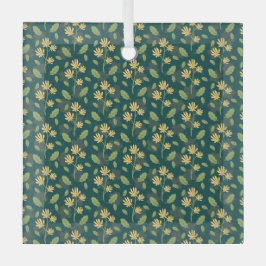 Vibrant Green Pattern with Yellow Flowers & Leaves Ornament Aus Glas