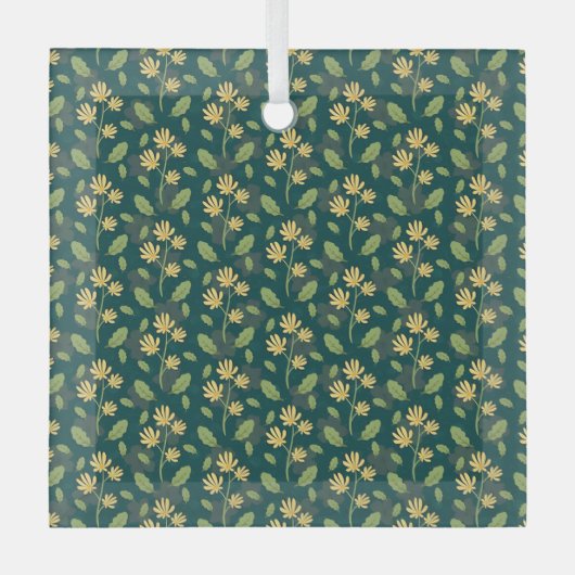 Vibrant Green Pattern with Yellow Flowers & Leaves Ornament Aus Glas (Vorderseite)