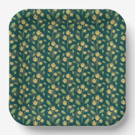 Vibrant Green Pattern with Yellow Flowers & Leaves Pappteller