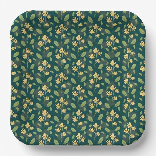 Vibrant Green Pattern with Yellow Flowers & Leaves Pappteller (Vorderseite)