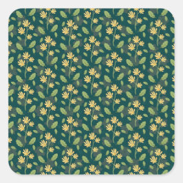 Vibrant Green Pattern with Yellow Flowers & Leaves Quadratischer Aufkleber