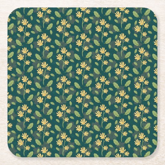Vibrant Green Pattern with Yellow Flowers & Leaves Rechteckiger Pappuntersetzer (Vorderseite)