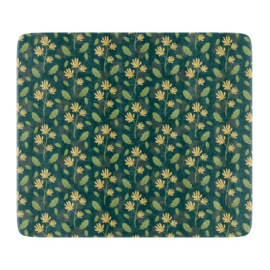 Vibrant Green Pattern with Yellow Flowers & Leaves Schneidebrett (Vorderseite)