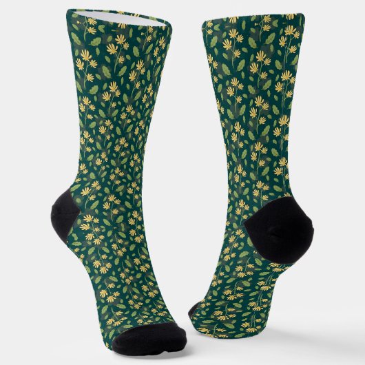 Vibrant Green Pattern with Yellow Flowers & Leaves Socken (Gewinkelt)