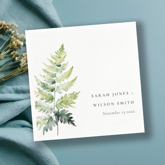 VIBRANT GREEN WATERCOLOR FERN FOLIAGE MONOGRAMM SERVIETTE