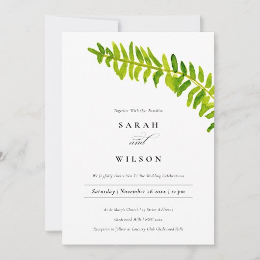 VIBRANT GREEN WATERCOLOR FERN FOLIAGE WEDD EINLADUNG (Vorderseite)