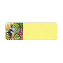 Vibrant Happy Cat on Bicycle Return Label
