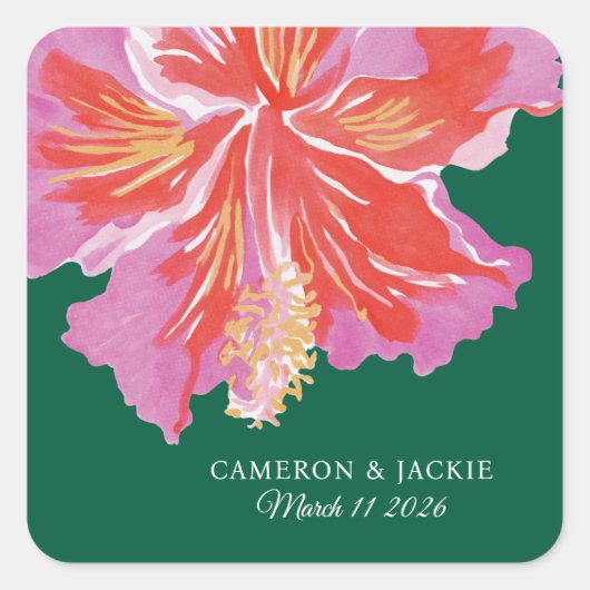 Vibrant Hibiscus Tropical Wedding Quadratischer Aufkleber (Vorderseite)