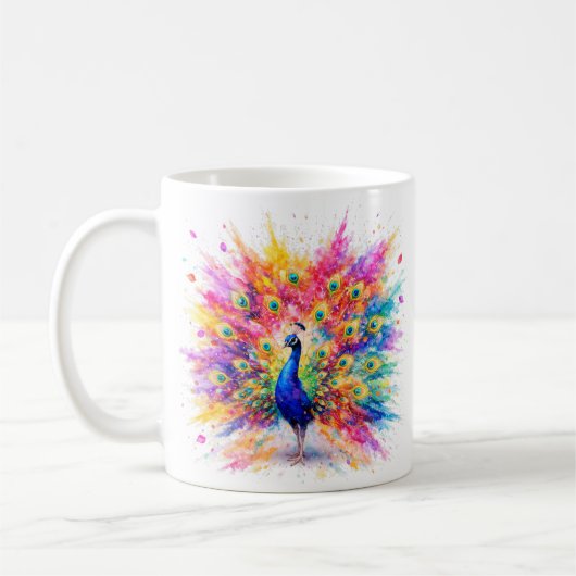 Vibrant Holi Peacock Watercolor Art Coffee Mug Kaffeetasse (Links)