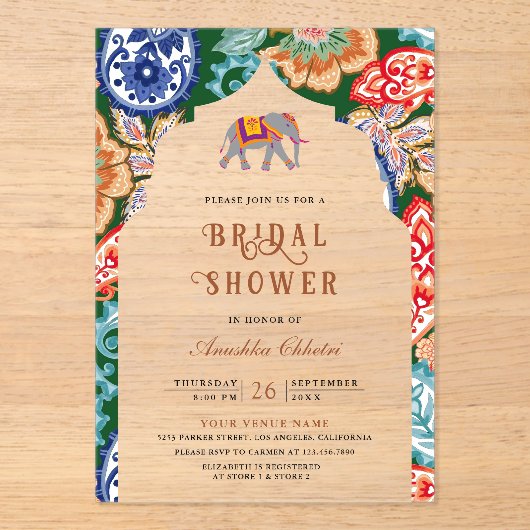 Vibrant Indian Folk Art Elephant Bridal Shower Acryleinladungen (Vorderseite)