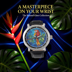 Vibrant Jungle Jewel" - Buntglas-Papageien-Wand Armbanduhr