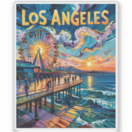 Vibrant Los Angeles Pier Sunset Van Gogh Vintage Aufkleber