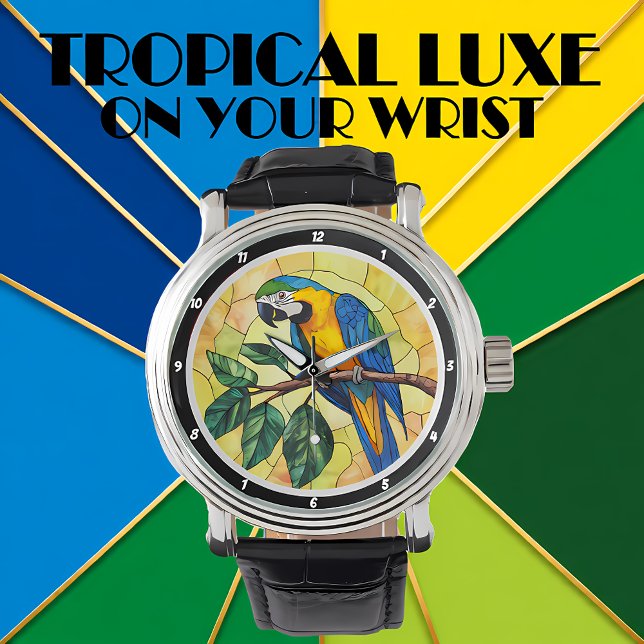 Vibrant Macaw Parrot and Tropical Leaves Design Armbanduhr (Von Creator hochgeladen)