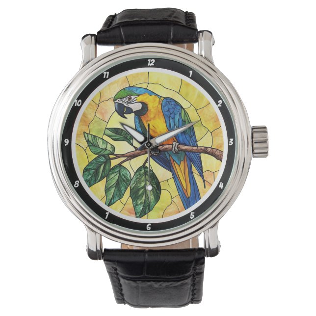 Vibrant Macaw Parrot and Tropical Leaves Design Armbanduhr (Vorderseite)