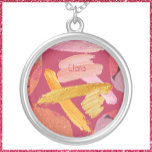 Vibrant Magenta and Gold Abstract Versilberte Kette<br><div class="desc">Vibrant Magenta and Gold Abstract design in vivid colors. TO REMOVE NAME if you prefer,  simply backspace over the text in personalization.</div>