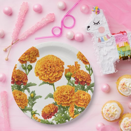 "Vibrant Marigold Print Paper Teller. Pappteller (Party)
