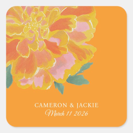 Vibrant Marigold Summer Wedding Quadratischer Aufkleber (Vorderseite)