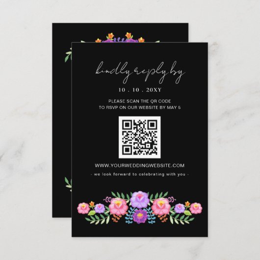 Vibrant Mexican Floral Fiesta Wedding QR code RSVP Karte (Vorne/Hinten)