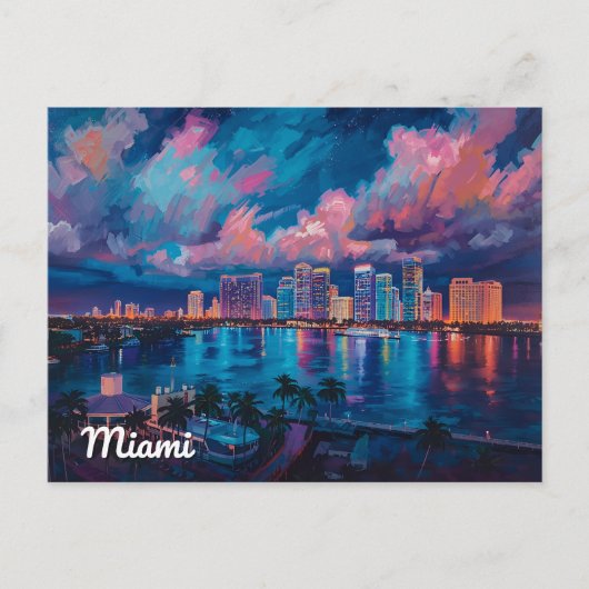 Vibrant Miami Skyline at Dusk Postkarte (Vorderseite)