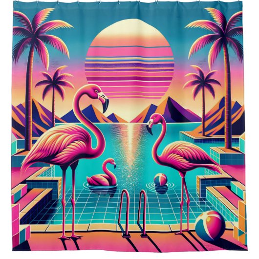 "Vibrant Mitte des Jahrhunderts Moderner Flamingo  Duschvorhang (Vorderseite)